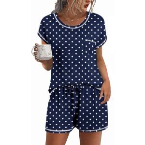 image:imageEkouaer Womens Pajama Sets 2 Piece Soft Short Sleeve Top and Shorts Sleepwear Round Neck Pjs Lounge Set with PocketsNavy Dots