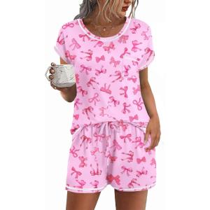 image:imageEkouaer Womens Pajama Sets 2 Piece Soft Short Sleeve Top and Shorts Sleepwear Round Neck Pjs Lounge Set with PocketsPink Bow Print