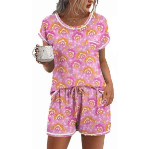 image:imageEkouaer Womens Pajama Sets 2 Piece Soft Short Sleeve Top and Shorts Sleepwear Round Neck Pjs Lounge Set with PocketsPink Cashew Flower