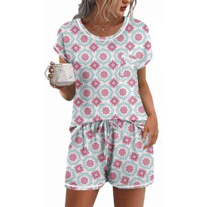 image:imageEkouaer Womens Pajama Sets 2 Piece Soft Short Sleeve Top and Shorts Sleepwear Round Neck Pjs Lounge Set with PocketsSilhouette Flower Leaves
