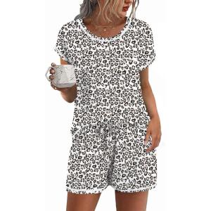 image:imageEkouaer Womens Pajama Sets 2 Piece Soft Short Sleeve Top and Shorts Sleepwear Round Neck Pjs Lounge Set with PocketsWhite Leopard