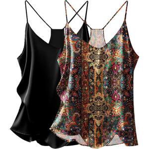 image:imageEkouaer Womens Satin Cami Tops 2 Pack V Neck Silk Camisole Tank Top Spaghetti Strap Racerback Camis Blouse ShirtBrown Ethnic StyleBlack