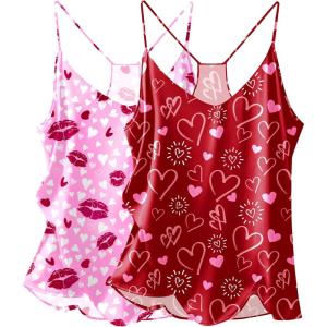 image:imageEkouaer Womens Satin Cami Tops 2 Pack V Neck Silk Camisole Tank Top Spaghetti Strap Racerback Camis Blouse ShirtPink Heart Kiss LipRed Heart