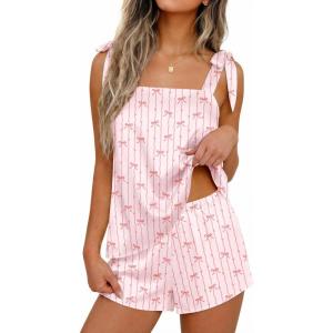 image:imageEkouaer Womens Silk Pajama Set Bow Tie Knot Tank Top Satin Pjs Sets for Bridal Party 2 Piece Cami Shorts Sleepwear SXXLPink Striped Bow Print