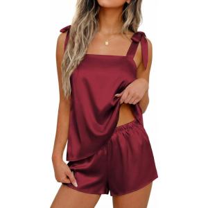 image:imageEkouaer Womens Silk Pajama Set Bow Tie Knot Tank Top Satin Pjs Sets for Bridal Party 2 Piece Cami Shorts Sleepwear SXXLWine Red
