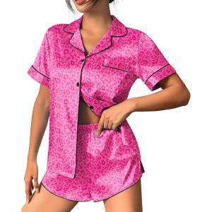 image:imageEkouaer Womens Silk Satin Pajama Set Print Short Sleeve Sleepwear Button Down Pjs Shorts Set LoungewearArose Red Leopard