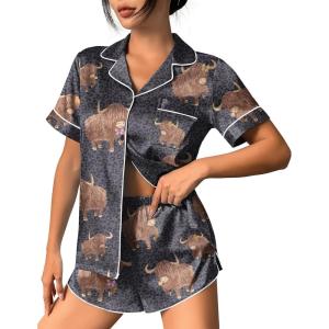 image:imageEkouaer Womens Silk Satin Pajama Set Print Short Sleeve Sleepwear Button Down Pjs Shorts Set LoungewearGrey Cow
