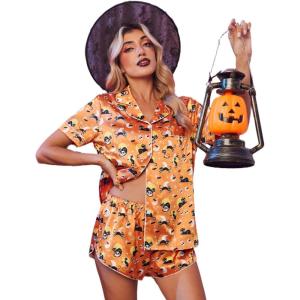 image:imageEkouaer Womens Silk Satin Pajama Set Print Short Sleeve Sleepwear Button Down Pjs Shorts Set LoungewearHalloween Skull