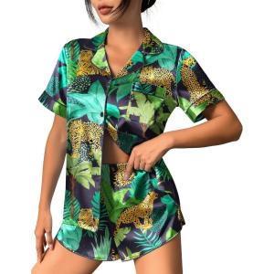 image:imageEkouaer Womens Silk Satin Pajama Set Print Short Sleeve Sleepwear Button Down Pjs Shorts Set LoungewearJungle Leopard