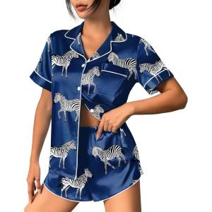 image:imageEkouaer Womens Silk Satin Pajama Set Print Short Sleeve Sleepwear Button Down Pjs Shorts Set LoungewearZebra
