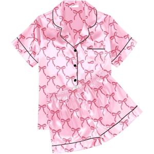image:imageEkouaer Womens Silk Satin Pajama Sets Soft Short Sleeve Button Down Sleepwear Top and Shorts 2 Piece Pjs Lounge SetBow Knot Pink Red