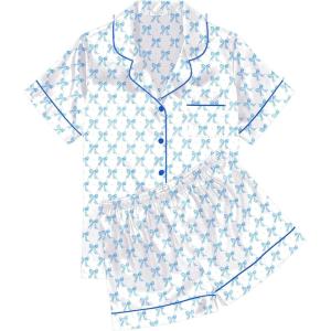 image:imageEkouaer Womens Silk Satin Pajama Sets Soft Short Sleeve Button Down Sleepwear Top and Shorts 2 Piece Pjs Lounge SetBow Knot White Blue