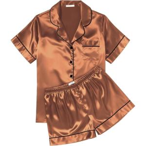 image:imageEkouaer Womens Silk Satin Pajama Sets Soft Short Sleeve Button Down Sleepwear Top and Shorts 2 Piece Pjs Lounge SetBrown