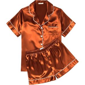 image:imageEkouaer Womens Silk Satin Pajama Sets Soft Short Sleeve Button Down Sleepwear Top and Shorts 2 Piece Pjs Lounge SetCaramel