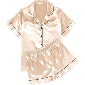 image:imageEkouaer Womens Silk Satin Pajama Sets Soft Short Sleeve Button Down Sleepwear Top and Shorts 2 Piece Pjs Lounge SetChampagne