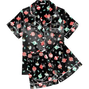 image:imageEkouaer Womens Silk Satin Pajama Sets Soft Short Sleeve Button Down Sleepwear Top and Shorts 2 Piece Pjs Lounge SetChristmas Black