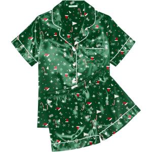 image:imageEkouaer Womens Silk Satin Pajama Sets Soft Short Sleeve Button Down Sleepwear Top and Shorts 2 Piece Pjs Lounge SetChristmas Green