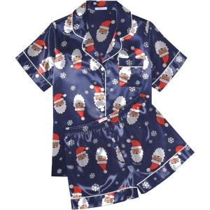 image:imageEkouaer Womens Silk Satin Pajama Sets Soft Short Sleeve Button Down Sleepwear Top and Shorts 2 Piece Pjs Lounge SetChristmas Navy