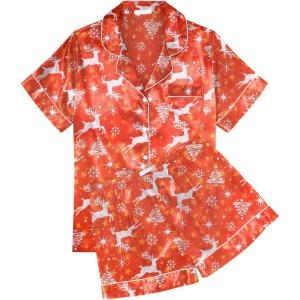 image:imageEkouaer Womens Silk Satin Pajama Sets Soft Short Sleeve Button Down Sleepwear Top and Shorts 2 Piece Pjs Lounge SetChristmas Red Deer