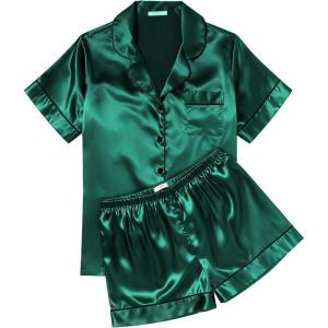 image:imageEkouaer Womens Silk Satin Pajama Sets Soft Short Sleeve Button Down Sleepwear Top and Shorts 2 Piece Pjs Lounge SetDark Green