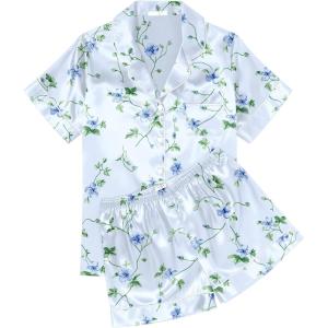image:imageEkouaer Womens Silk Satin Pajama Sets Soft Short Sleeve Button Down Sleepwear Top and Shorts 2 Piece Pjs Lounge SetFloral Light Blue