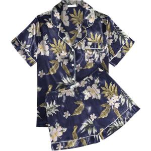 image:imageEkouaer Womens Silk Satin Pajama Sets Soft Short Sleeve Button Down Sleepwear Top and Shorts 2 Piece Pjs Lounge SetFloral Navy White