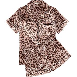 image:imageEkouaer Womens Silk Satin Pajama Sets Soft Short Sleeve Button Down Sleepwear Top and Shorts 2 Piece Pjs Lounge SetLeopard
