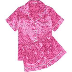 image:imageEkouaer Womens Silk Satin Pajama Sets Soft Short Sleeve Button Down Sleepwear Top and Shorts 2 Piece Pjs Lounge SetLeopard Hot Pink