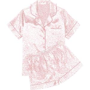 image:imageEkouaer Womens Silk Satin Pajama Sets Soft Short Sleeve Button Down Sleepwear Top and Shorts 2 Piece Pjs Lounge SetLeopard Pink