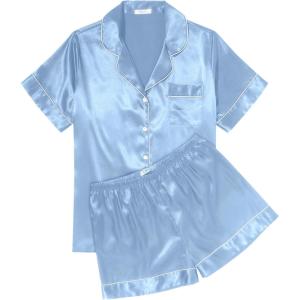 image:imageEkouaer Womens Silk Satin Pajama Sets Soft Short Sleeve Button Down Sleepwear Top and Shorts 2 Piece Pjs Lounge SetLight Blue