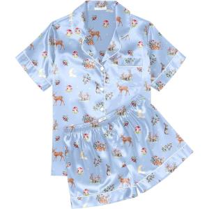 image:imageEkouaer Womens Silk Satin Pajama Sets Soft Short Sleeve Button Down Sleepwear Top and Shorts 2 Piece Pjs Lounge SetLight Blueanimal