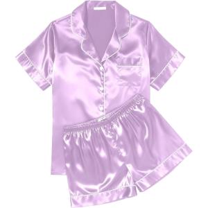 image:imageEkouaer Womens Silk Satin Pajama Sets Soft Short Sleeve Button Down Sleepwear Top and Shorts 2 Piece Pjs Lounge SetLilac