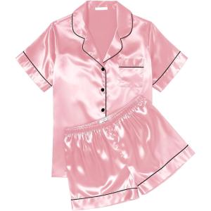 image:imageEkouaer Womens Silk Satin Pajama Sets Soft Short Sleeve Button Down Sleepwear Top and Shorts 2 Piece Pjs Lounge SetPink