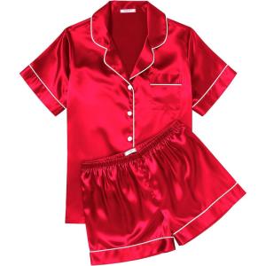 image:imageEkouaer Womens Silk Satin Pajama Sets Soft Short Sleeve Button Down Sleepwear Top and Shorts 2 Piece Pjs Lounge SetRed