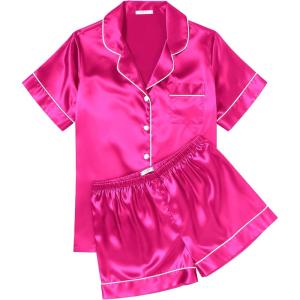 image:imageEkouaer Womens Silk Satin Pajama Sets Soft Short Sleeve Button Down Sleepwear Top and Shorts 2 Piece Pjs Lounge SetRose