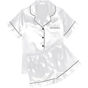 image:imageEkouaer Womens Silk Satin Pajama Sets Soft Short Sleeve Button Down Sleepwear Top and Shorts 2 Piece Pjs Lounge SetWhite