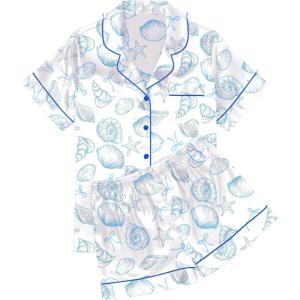 image:imageEkouaer Womens Silk Satin Pajama Sets Soft Short Sleeve Button Down Sleepwear Top and Shorts 2 Piece Pjs Lounge SetWhite Blue Seashells