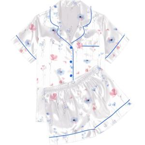 image:imageEkouaer Womens Silk Satin Pajama Sets Soft Short Sleeve Button Down Sleepwear Top and Shorts 2 Piece Pjs Lounge SetWhite Floral