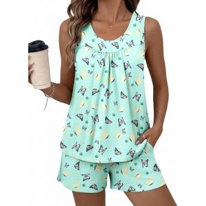 image:imageEkouaer Womens Sleeveless Pajama Sets Summer Tank Tops Pjs 2 Piece Lounge Set Comfy Shorts Sleepwear with PocketsButterfly LeavesGreen