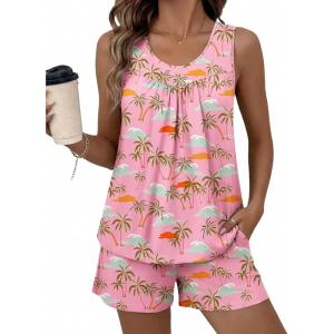 image:imageEkouaer Womens Sleeveless Pajama Sets Summer Tank Tops Pjs 2 Piece Lounge Set Comfy Shorts Sleepwear with PocketsCoconut WavesPink