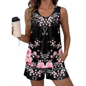 image:imageEkouaer Womens Sleeveless Pajama Sets Summer Tank Tops Pjs 2 Piece Lounge Set Comfy Shorts Sleepwear with PocketsLarge FloralBlac