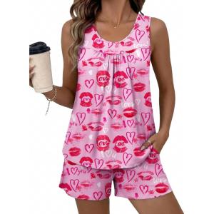 image:imageEkouaer Womens Sleeveless Pajama Sets Summer Tank Tops Pjs 2 Piece Lounge Set Comfy Shorts Sleepwear with PocketsLip Print Heart