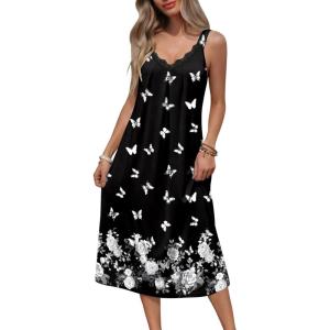 image:imageEkouaer Sleeveless Nightgowns for Women Lace Vneck Long Nightdress Wide Strap Sleepwear Soft Lounge DressesBlack Butterfly Floral