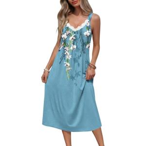 image:imageEkouaer Sleeveless Nightgowns for Women Lace Vneck Long Nightdress Wide Strap Sleepwear Soft Lounge DressesBlue Flower