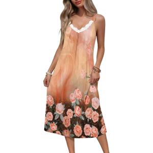 image:imageEkouaer Sleeveless Nightgowns for Women Lace Vneck Long Nightdress Wide Strap Sleepwear Soft Lounge DressesBrown Orange Floral