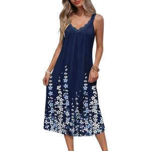 image:imageEkouaer Sleeveless Nightgowns for Women Lace Vneck Long Nightdress Wide Strap Sleepwear Soft Lounge DressesNavy Blue Floral