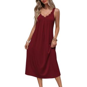 image:imageEkouaer Sleeveless Nightgowns for Women Lace Vneck Long Nightdress Wide Strap Sleepwear Soft Lounge DressesWine Red