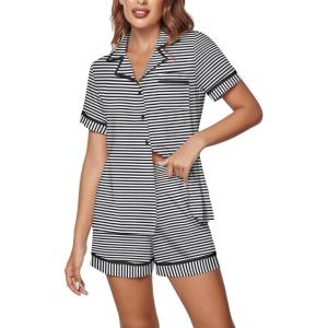 image:imageEkouaer Womens Pajama Sets 2 Piece Short Sleeve Button Down Tops and Pants Pj Set V Neck Sleepwear Loungewear Chest PocketDark Blue Stripes