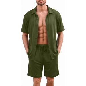 image:imageEkouaer Mens Pajama Sets Button Down Summer Pjs 2 Piece Hawaiian Shirt and Shorts Sets Beach Vacation Loungewear XSXXLArmy Green