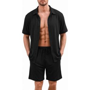 image:imageEkouaer Mens Pajama Sets Button Down Summer Pjs 2 Piece Hawaiian Shirt and Shorts Sets Beach Vacation Loungewear XSXXLBlack